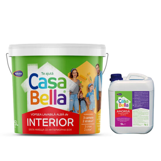 Set Vopsea lavabila interior, Policolor Casabella, alba, 15l + amorsa perete 5l
