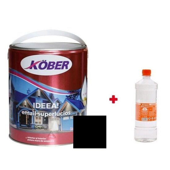 Promo Set: Vopsea alchidica pentru lemn/metal, Kober Ideea, negru, 4l + diluant 0.9l