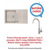 Pachet Chiuveta granit, Ferro, 1 cuva si picurator, 48x79, nisip_DRGM48/78SA + Baterie stativa spalator, Ferro Camira, inox_BCR4