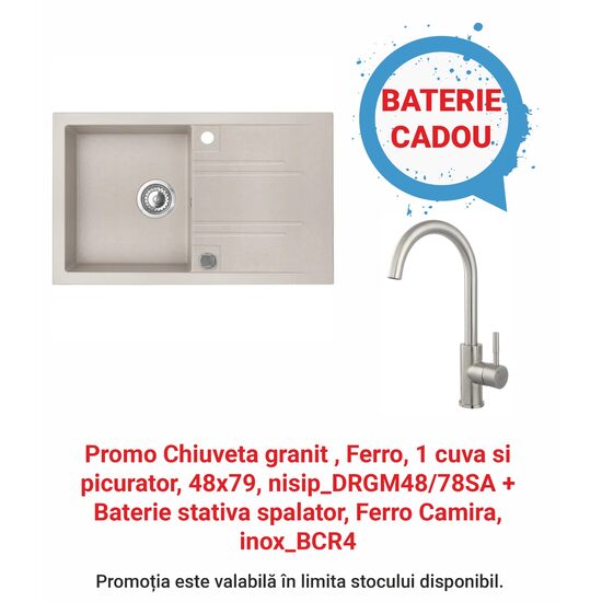 Pachet Chiuveta granit, Ferro, 1 cuva si picurator, 48x79, nisip_DRGM48/78SA + Baterie stativa spalator, Ferro Camira, inox_BCR4