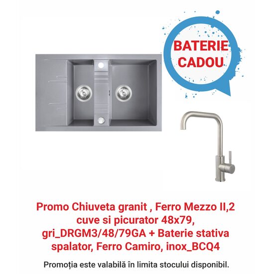 Pachet Chiuveta granit, Ferro Mezzo II, 2 cuve si picurator, 48x79, gri_DRGM3/48/79GA + Baterie stativa spalator, Ferro Camiro, inox_BCQ4