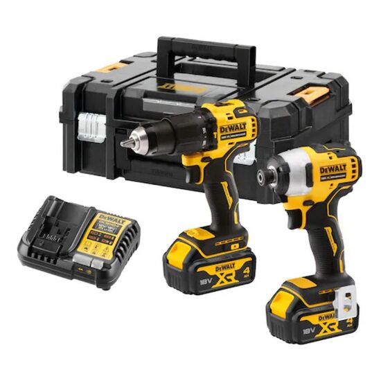 Set scule fara fir DeWalt DCK2062M2T-QW 18V, impact + gaurit cu percutie, 2x4Ah 