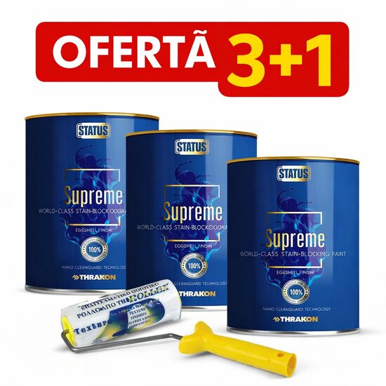 Promo set 3+1: Vopsea ultra lavabila ecologica All in One, Status Supreme, alba, finisaj eggshell, 5l +Trafalet lana naturala fir scurt, Rollex Texture, cu maner, 24cm