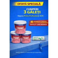 Promo set 3+1: Vopsea lavabila Thrakon Primo Professional, interior/exterior, 16l + Trafalet lana naturala fir scurt, Rollex Rodan, cu maner, 24cm